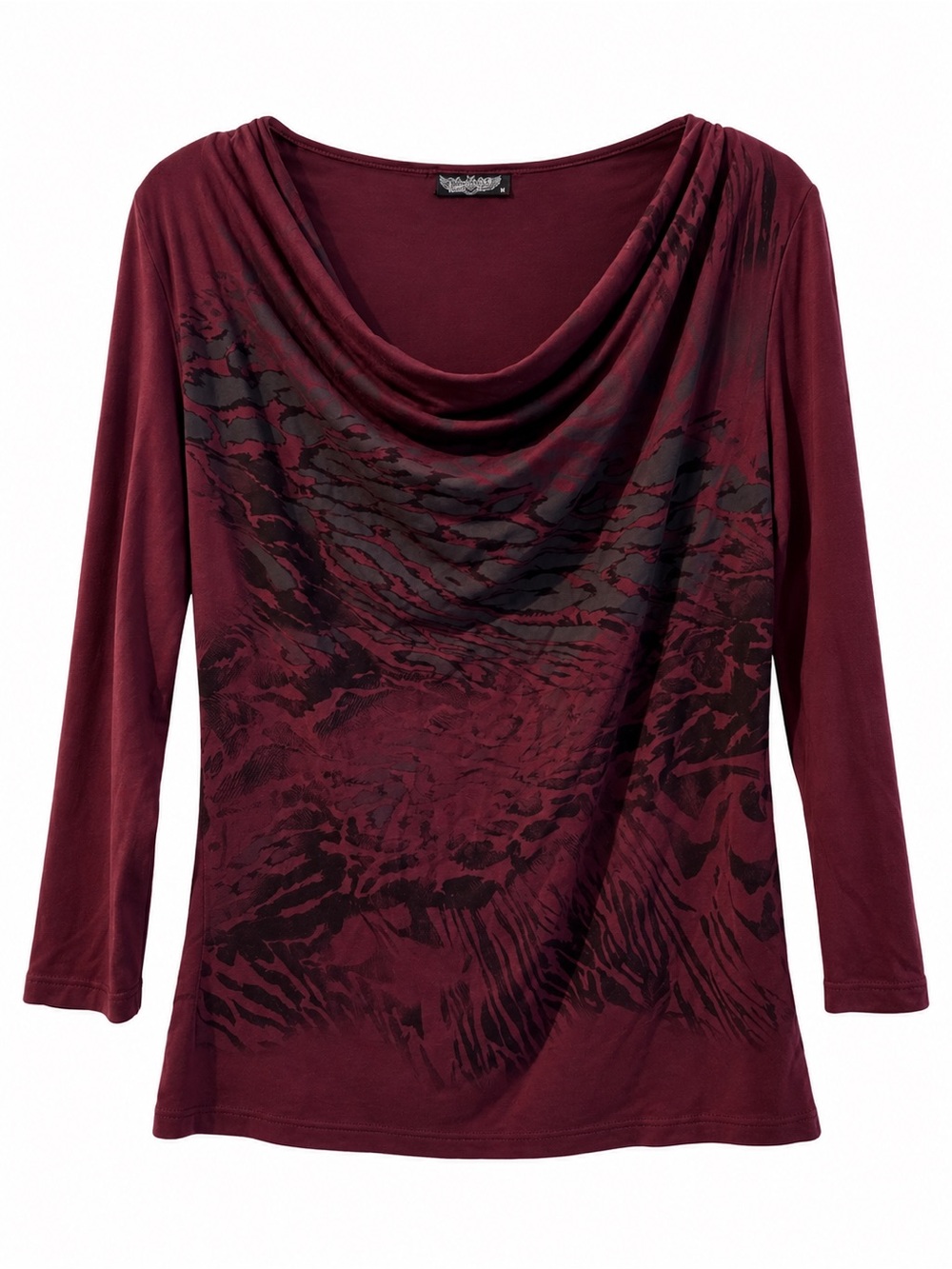Vanilla Sugar Burgundy Long-Sleeve Cowl Neck Top with Black Print
